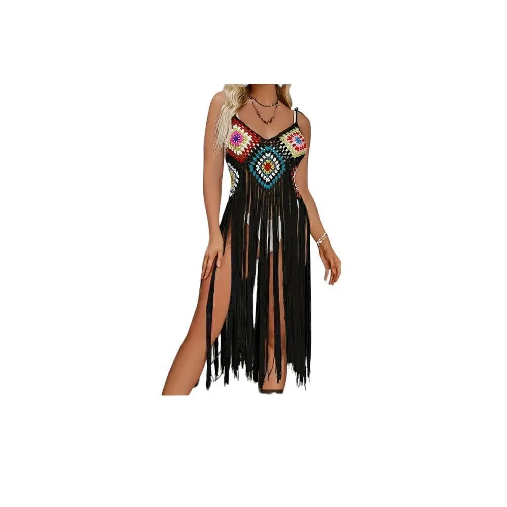 Handmade Women's Black Crochet Bohemia Long Fringe Tassel Beach Cover Dress